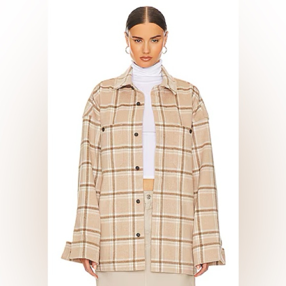 Helsa Plaid Flannel Overshirt in Tan Plaid, XS